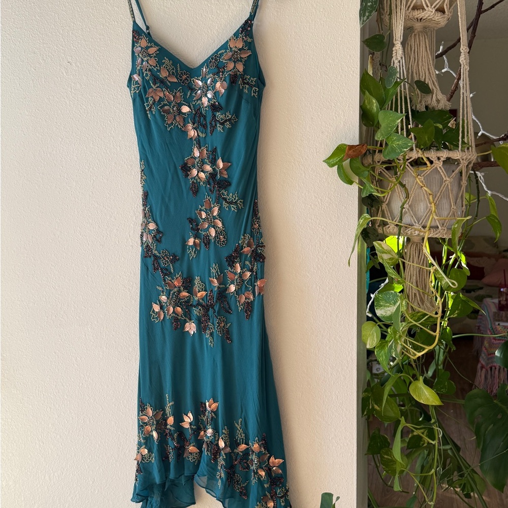 Sue Wong Teal Beaded Floral Silk Midi Dress